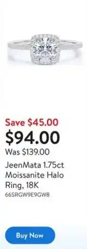 Walmart JeenMata 1.75ct Moissanite Halo Ring, 18K offer