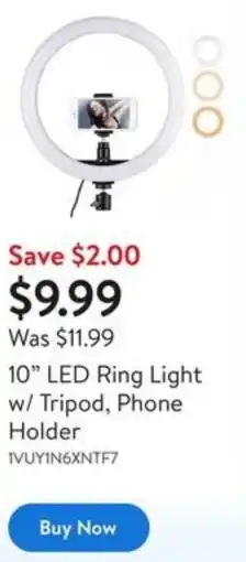 Walmart 10" LED Ring Light w/ Tripod, Phone Holder offer