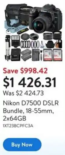 Walmart Nikon D7500 DSLR Bundle, 18-55mm, 2x64GB offer