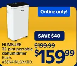 Walmart HUMSURE 32-pint portable dehumidifier offer