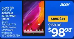 Walmart acer Iconia Tab A10 10.1 4GB RAM 32GB eMMC tablet offer