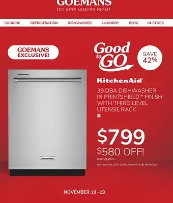 Goemans Appliances KITCHENAID 39 DBA DISHWASHER IN PRINTSHIELD offer
