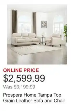 Costco Prospera Home Tampa Top Grain Leather Sofa and Chair offer