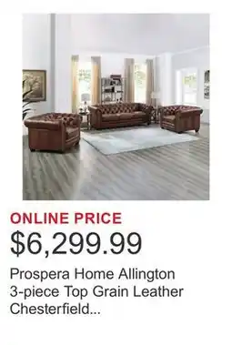 Costco Prospera Home Allington 3-piece Top Grain Leather Chesterfield Living Room Set offer