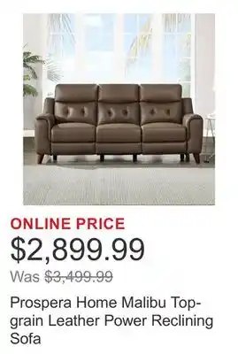 Costco Prospera Home Malibu Top-grain Leather Power Reclining Sofa offer
