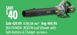Canadian Tire 54V POWER+ 765CFM Leaf Blower with 5Ah Battery & Charger offer