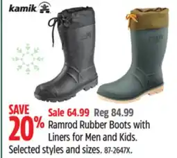 Canadian Tire Kamik Ramrod Rubber Boots with Liners for Men and Kids offer