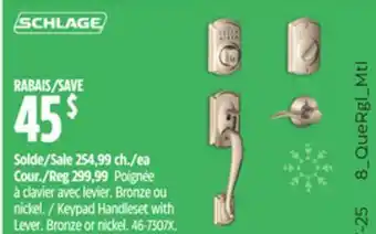 Canadian Tire Schlage Keypad Handleset with Lever. Bronze or nickel offer