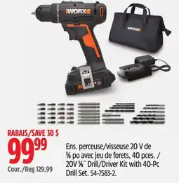 Canadian Tire Worx 20V 3⁄8˝ Drill/Driver Kit with 40-Pc Drill Set offer