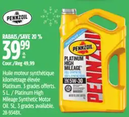 Canadian Tire Pennzoil Platinum High Mileage Synthetic Motor Oil.5L. 3grades available offer