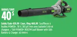 Canadian Tire 56V Brushless Cordless 765 CFM Leaf Blower, Includes (1) 5.0AH Battery and (1) 320W Charger, LB7654 offer