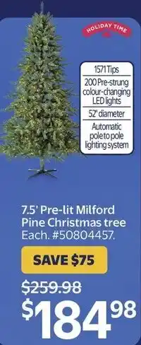 Walmart HOLIDAY TIME 7.5' Pre-lit Milford Pine Christmas tree offer