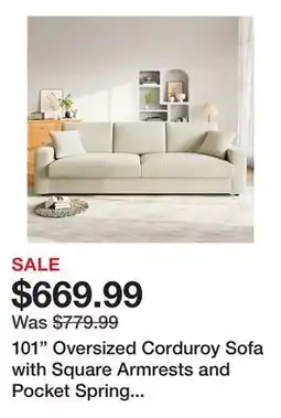 Wayfair 101 Oversized Corduroy Sofa with Square Armrests and Pocket Spring Cushion Seat - Beige offer