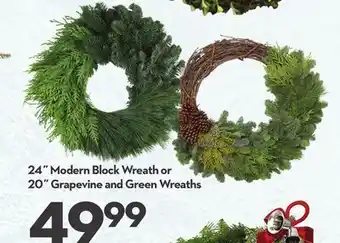 Longo's 24˝ Modern Block Wreath or 20˝ Grapevine and Green Wreaths offer