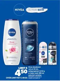 Real Canadian Superstore NIVEA DEODORANT ROLL-ON, 50 ML, ANTIPERSPIRANT, 51/52 G OR BODY WASH, 500 ML offer