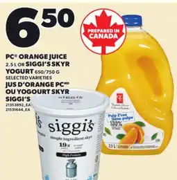Independent Grocer PC ORANGE JUICE 2.5 L OR SIGGI'S SKYR YOGURT 650/750 G offer