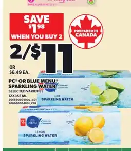 Loblaws PC OR BLUE MENU SPARKLING WATER, 12X355 ML offer