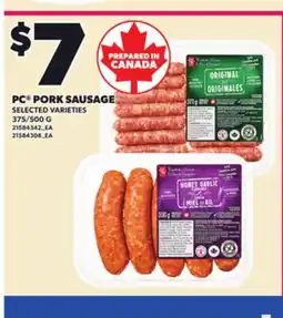 Loblaws PC PORK SAUSAGE, 375/500 G offer