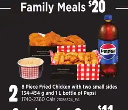 Loblaws 8 PIECE FRIED CHICKEN WITH TWO SMALL SIDES 134-454 G AND 1 L BOTTLE OF PEPSI offer