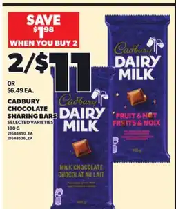 Loblaws CADBURY CHOCOLATE SHARING BARS, 180 G offer