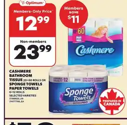 Loblaws CASHMERE BATHROOM TISSUE 20=60 ROLLS OR SPONGE TOWELS PAPER TOWELS 6=12 ROLLS offer