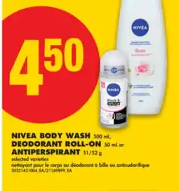 No Frills NIVEA BODY WASH, 500 mL, DEODORANT ROLL-ON, 50 mL or ANTIPERSPIRANT, 51/52 g offer