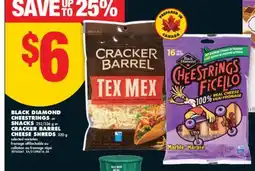 No Frills BLACK DIAMOND CHEESTRINGS or SNACKS, 252/336 G OR CRACKER BARREL CHEESE SHREDS, 320 G offer