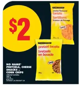 No Frills NO NAME PRETZELS, CHEESE SNACKS or CORN CHIPS, 200 G offer