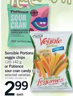 Fortinos SENSIBLE PORTIONS VEGGIE CHIPS, 120-142 G OR PATIENCE SOUR CRAN CANDY, 60 G offer