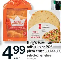 Fortinos KING'S HAWAIIAN ROLLS, 12'S OR PC PIZZA CRUST, 300-440 G offer