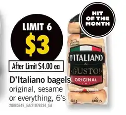 Fortinos D'ITALIANO BAGELS, 6's offer