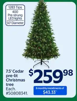 Walmart 7.5' Cedar pre-lit Christmas tree offer