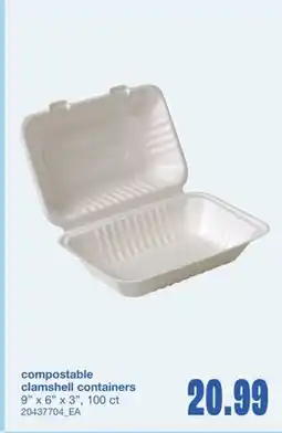 Wholesale Club COMPOSTABLE CLAMSHELL CONTAINERS, 9 x 6 x 3 100 ct offer