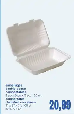 Wholesale Club EMBALLAGES DOUBLE-COQUE COMPOSTABLES, 9 po x 6 po x 3 po, 100 un offer