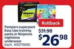 Walmart Pampers Superpack Easy Ups Training Pants or Ninjamas Nighttime Underwear offer