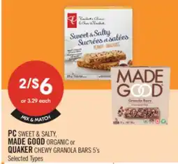 Shoppers Drug Mart PC SWEET & SALTY, MADE GOOD ORGANIC or QUAKER CHEWY GRANOLA BARS offer
