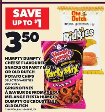 Independent City Market HUMPTY DUMPTY CHEESE FLAVOURED SNACKS OR PARTY MIXES OR OLD DUTCH POTATO CHIPS, 200-290 G offer