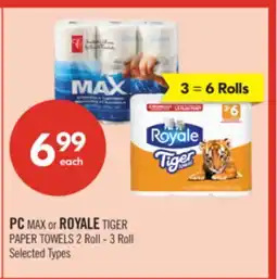 Shoppers Drug Mart PC MAX or ROYALE TIGER PAPER TOWELS 2 Roll - 3 Roll offer
