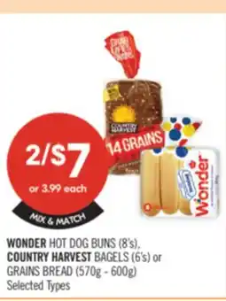 Shoppers Drug Mart WONDER HOT DOG BUNS (8's), COUNTRY HARVEST BAGELS (6's) or GRAINS BREAD (570g - 600g) offer