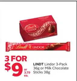 Rexall LINDT Lindor 3-Pack 36g or Milk Chocolate Sticks 38g offer