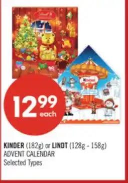 Shoppers Drug Mart KINDER (182g) or LINDT (128g - 158g) ADVENT CALENDAR offer