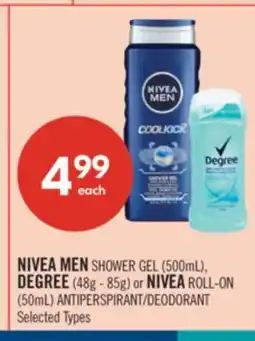 Shoppers Drug Mart NIVEA MEN SHOWER GEL (500mL), DEGREE (48g - 85g) or NIVEA ROLL-ON (50mL) ANTIPERSPIRANT/DEODORANT offer