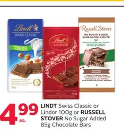 Rexall LINDT Swiss Classic or Lindor 100g or RUSSELL STOVER No Sugar Added 85g Chocolate Bars offer