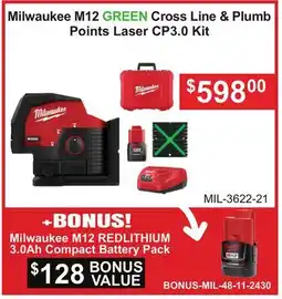 Atlas Tools & Machinery Milwaukee M12 GREEN Cross Line & Plumb Points Laser CP3.0 Kit offer
