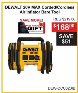Atlas Tools & Machinery DEWALT 20V MAX Corded/Cordless Air Inflator Bare Tool offer