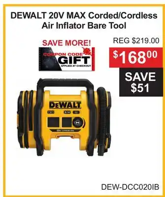 Atlas Tools & Machinery DEWALT 20V MAX Corded/Cordless Air Inflator Bare Tool offer