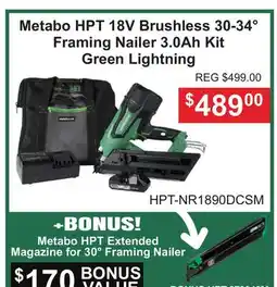 Atlas Tools & Machinery Metabo HPT 18V Brushless 30-34° Framing Nailer 3.0Ah Kit Green Lightning offer