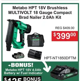 Atlas Tools & Machinery Metabo HPT 18V Brushless MULTIVOLT 18 Gauge Compact Brad Nailer offer