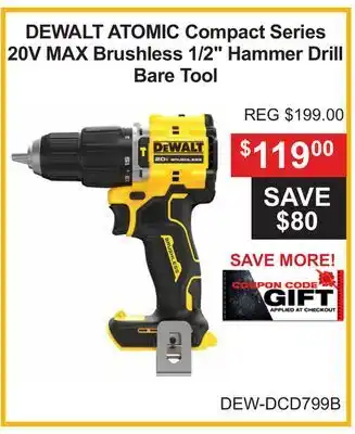Atlas Tools & Machinery DEWALT ATOMIC Compact Series 20V MAX Brushless 1/2 Hammer Drill Bare Tool offer