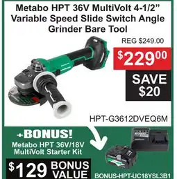 Atlas Tools & Machinery Metabo HPT 36V MultiVolt 4-1/2 Variable Speed Slide Switch Angle Grinder Bare Tool offer